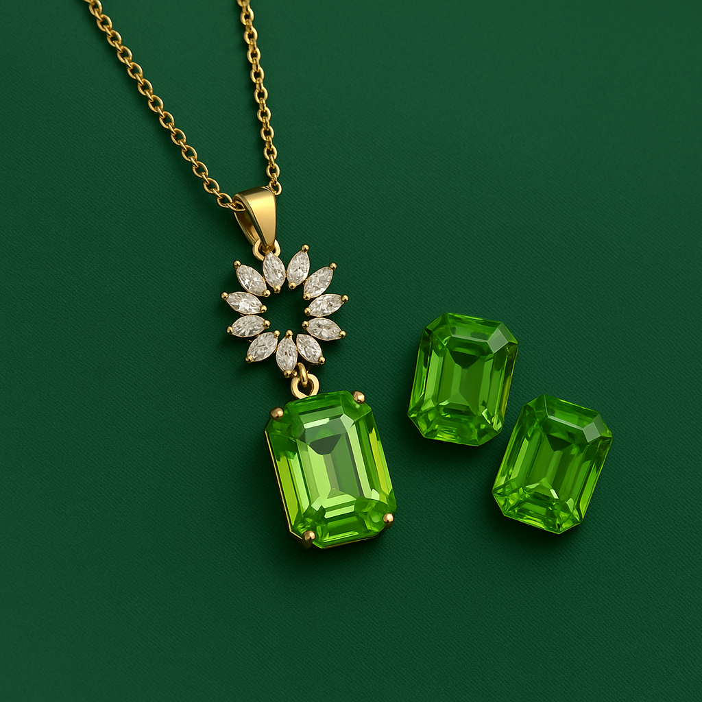 emerald green pendant set with matching earrings on gold chain – Janxy Jewels