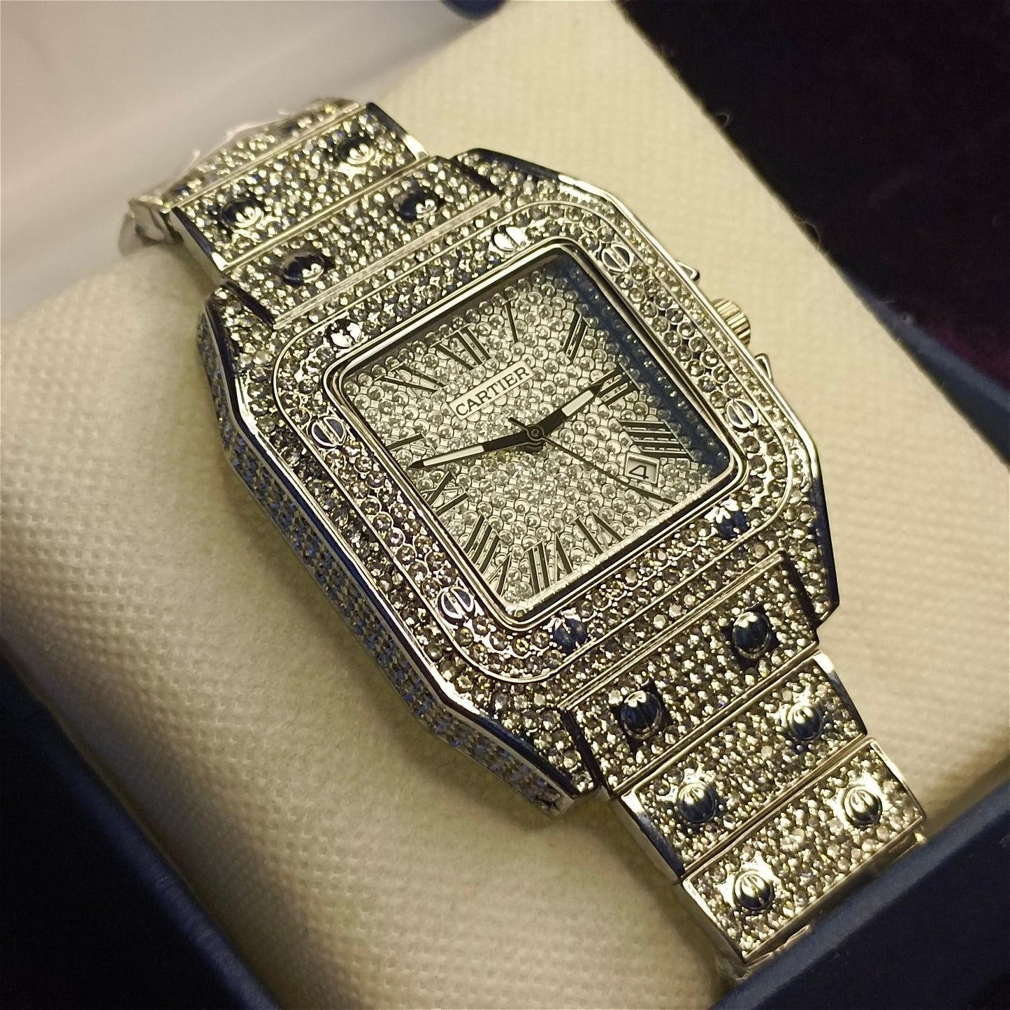 Rhinestone watch on foam in a blue box