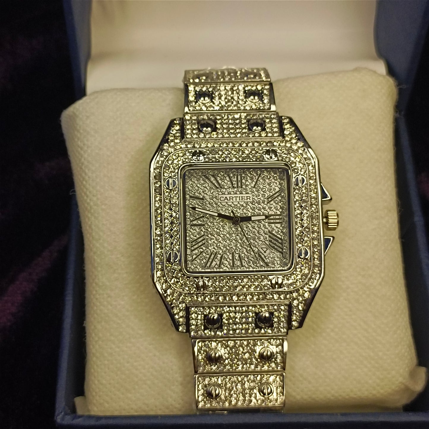 Rhinestone watch view from above on a foam in a blue box