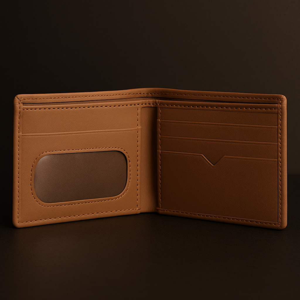 Interior of Rust Luxe tan PU leather men’s wallet showing card slots and ID window – Janxy Pakistan