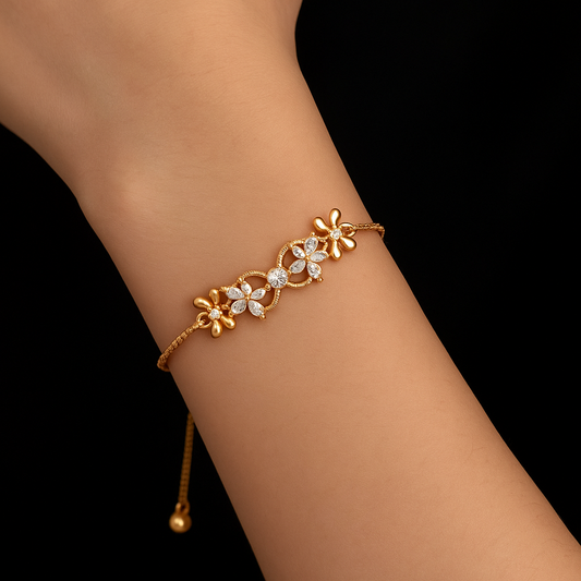 Blossom Curve Bracelet – Crystal-studded floral bracelet with adjustable chain