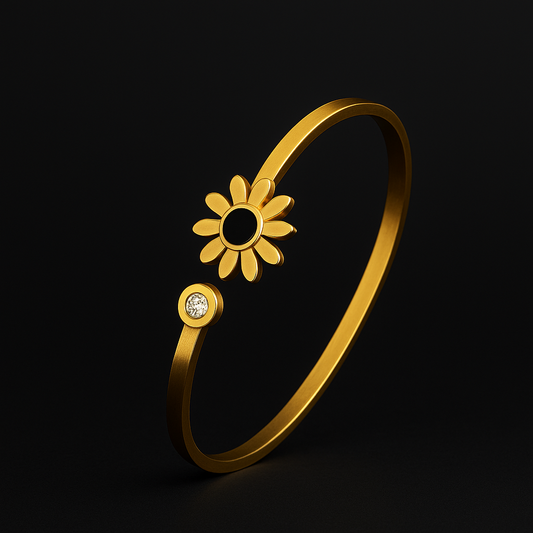 Solar Pop Cuff – Matte gold bangle with sun motif