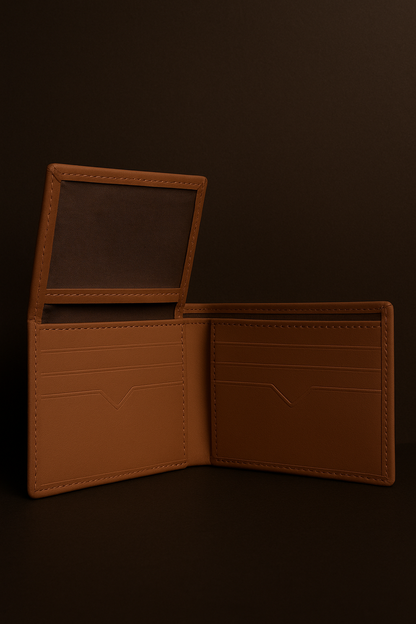 Rust Luxe tan PU leather slim men’s wallet with two cash pockets and card compartments – Janxy Pakistan