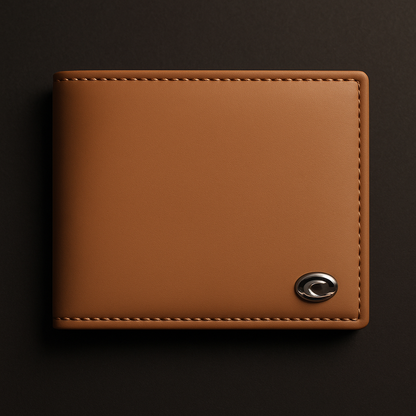Front view of Rust Luxe tan PU leather slim men’s wallet with metal emblem – Janxy Pakistan