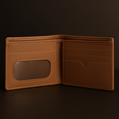Interior of Rust Luxe tan PU leather men’s wallet showing card slots and ID window – Janxy Pakistan